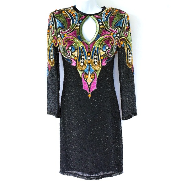 Vintage Dresses & Skirts - Vintage Beaded Long Sleeve Keyhole Cocktail Dress